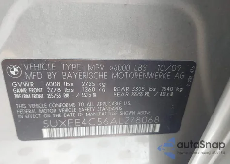 2010 BMW X5 xDrive30I from USA, damaged, VIN 5UXFE4C56AL278068